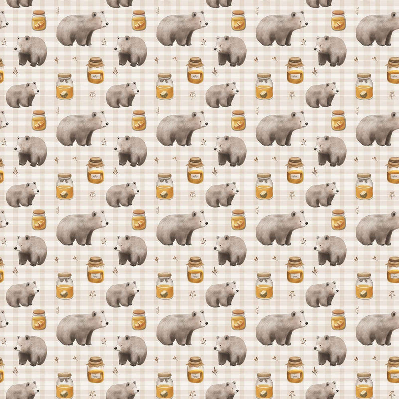 Honey Bear exclusive waterproof PUL fabric with brown bears, golden honey jars and botanical sprigs on a cream checked background