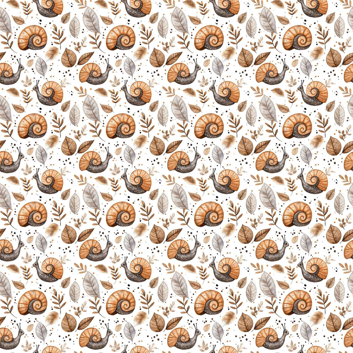 Woodland Snails and Autumn Leaves exclusive waterproof PUL fabric with orange-shelled snails and brown leaves on cream