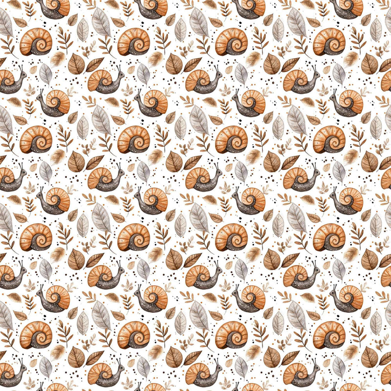 Woodland Snails and Autumn Leaves exclusive waterproof PUL fabric with orange-shelled snails and brown leaves on cream