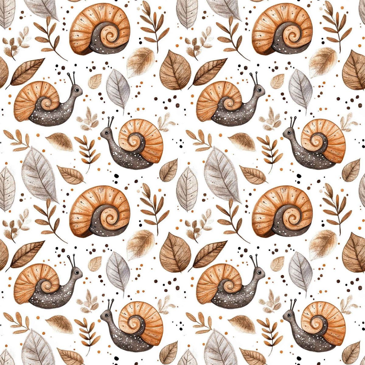 Woodland Snails and Autumn Leaves exclusive waterproof PUL fabric with orange-shelled snails and brown leaves on cream