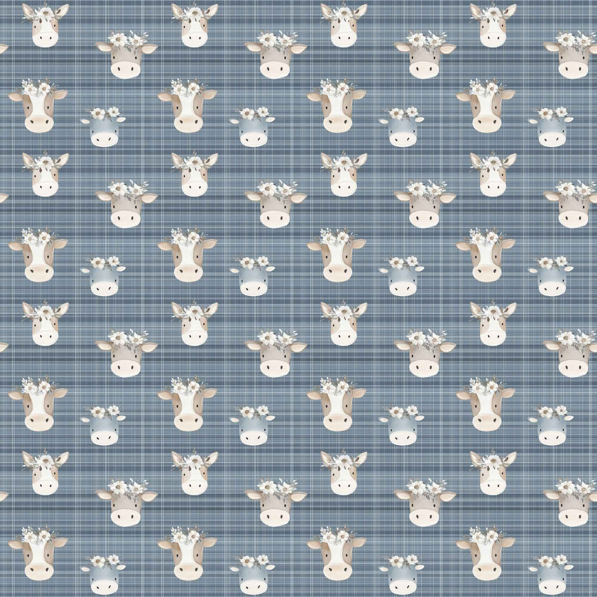Flower Crown Cows on Blue Plaid exclusive waterproof PUL fabric with brown and grey cows wearing white flowers