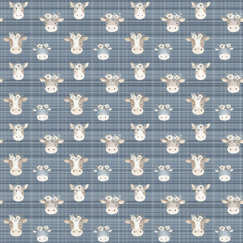 Flower Crown Cows on Blue Plaid exclusive waterproof PUL fabric with brown and grey cows wearing white flowers