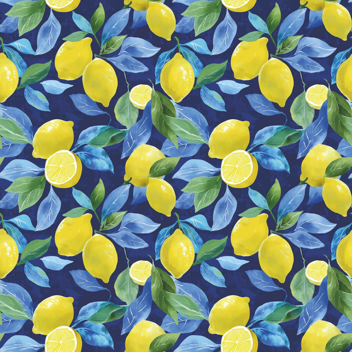 Sunlit Lemons on Navy exclusive waterproof PUL fabric with bright yellow lemons and blue-green leaves on a navy background