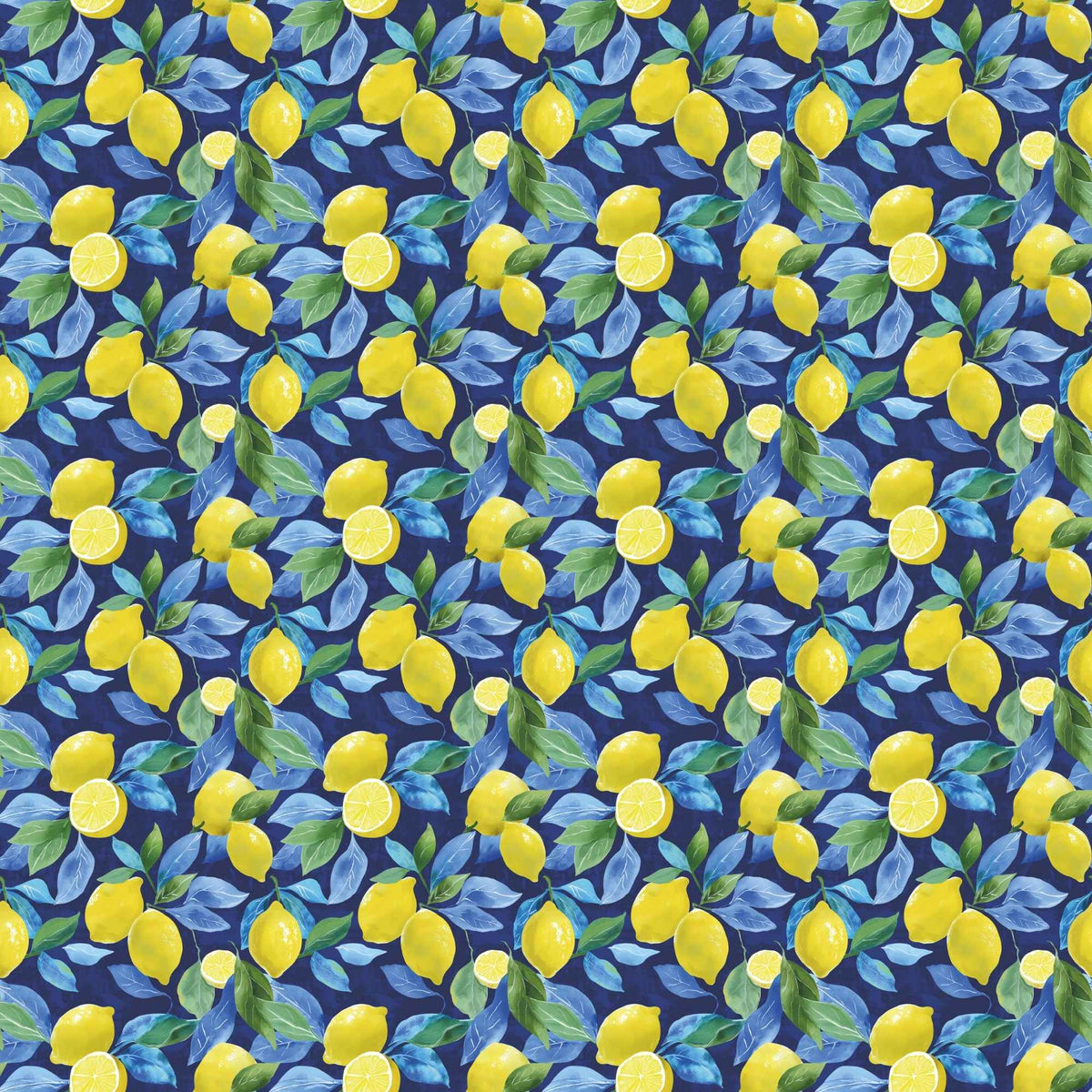 Sunlit Lemons on Navy exclusive waterproof PUL fabric with bright yellow lemons and blue-green leaves on a navy background