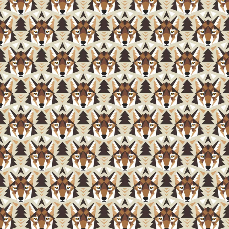 Wolf Face fleece by Camelot with geometric brown and tan wolves, dark tree silhouettes and chevrons on a cream background.