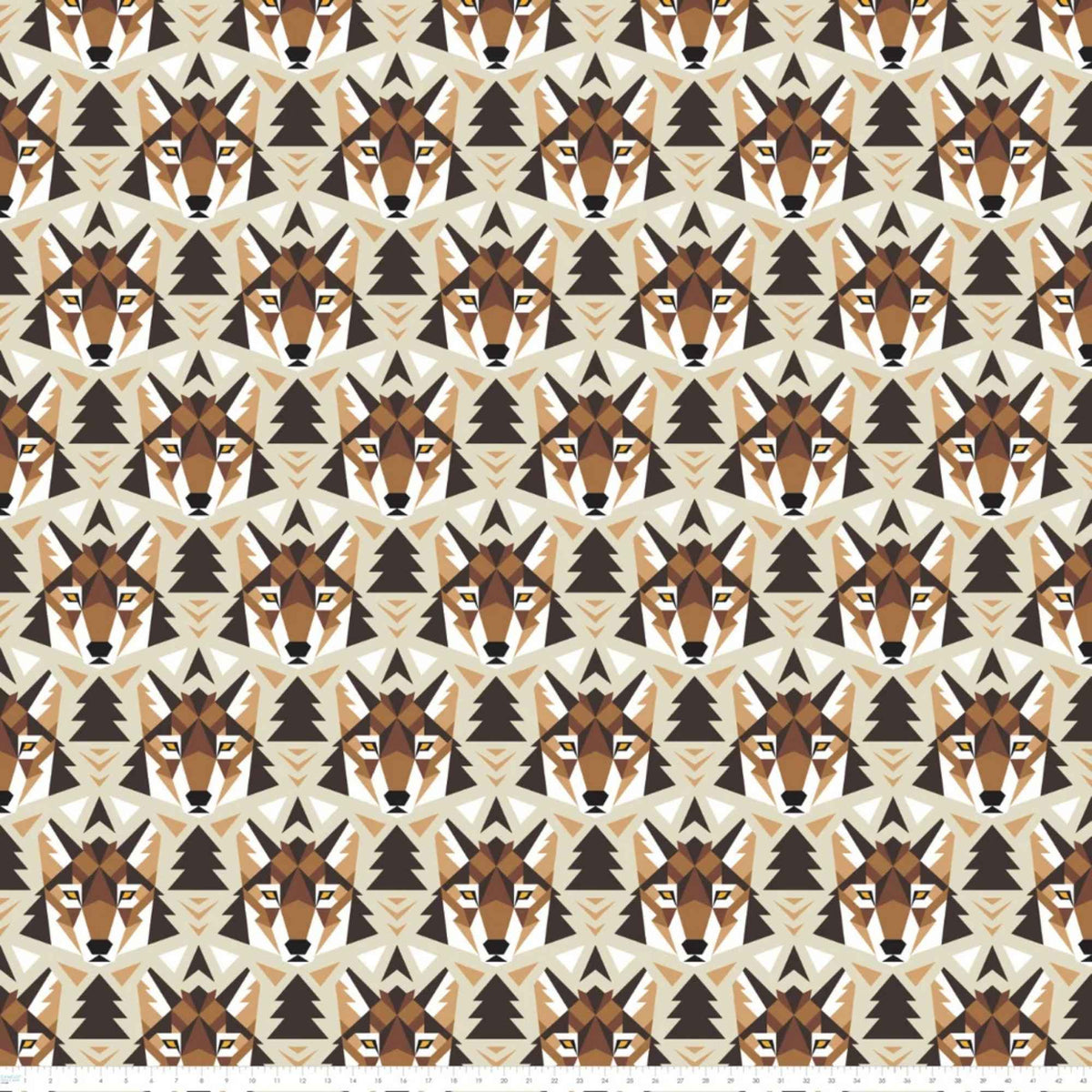 Wolf Face fleece by Camelot with geometric brown and tan wolves, dark tree silhouettes and chevrons on a cream background with ruler for scale.