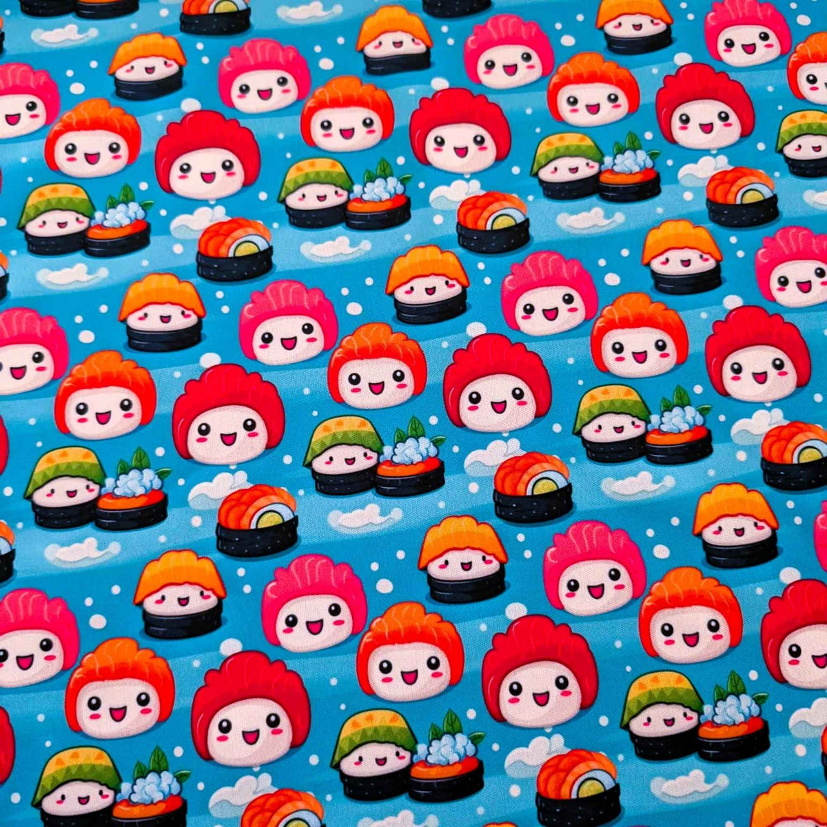 Kawaii Happy Sushi exclusive waterproof PUL fabric with smiling colourful sushi characters and white clouds on an aqua-blue background