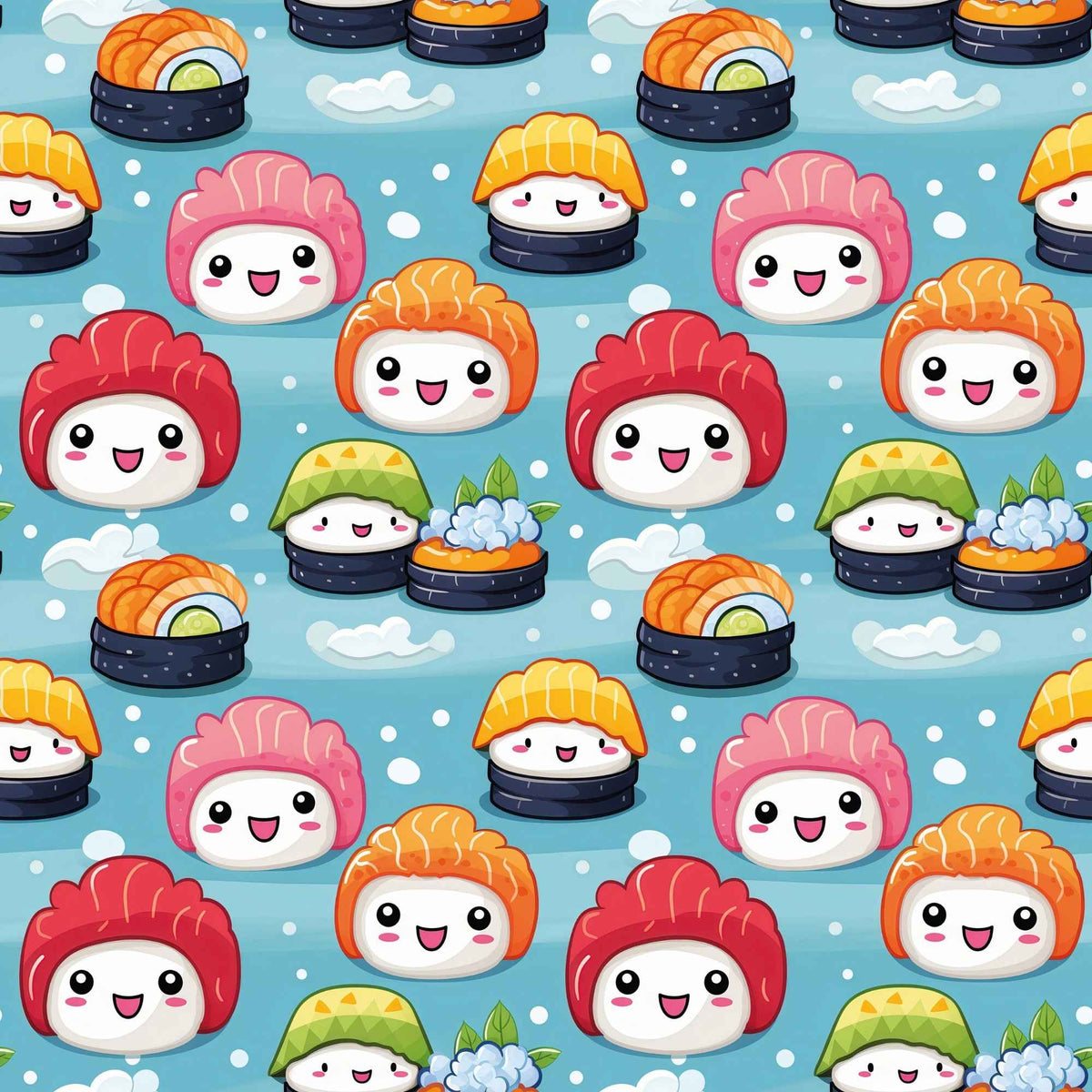 Kawaii Happy Sushi exclusive waterproof PUL fabric with smiling colourful sushi characters and white clouds on an aqua-blue background