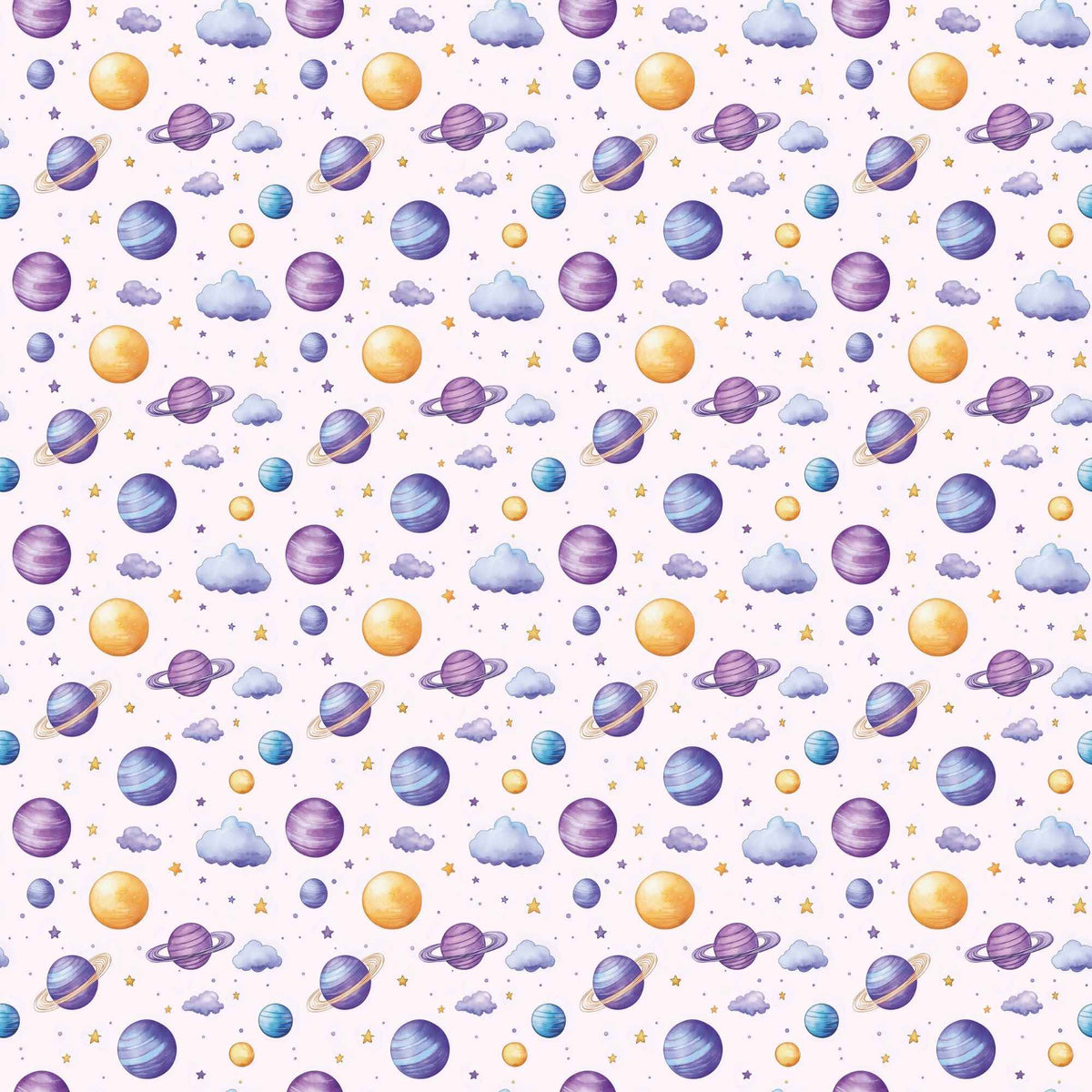 Dreamy Watercolour Planets and Clouds exclusive waterproof PUL fabric with colourful planets, blue clouds and stars on White