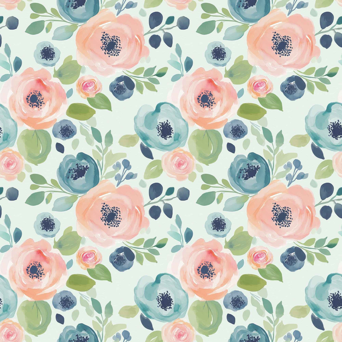 Blush and Blue Watercolour Blooms exclusive waterproof PUL fabric with pink and blue flowers and green leaves on teal