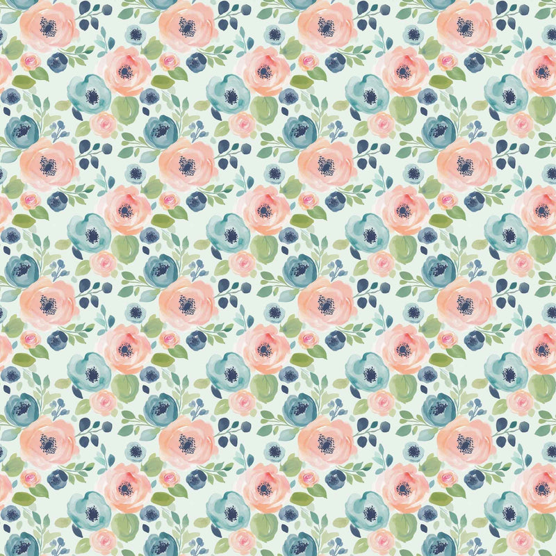Blush and Blue Watercolour Blooms exclusive waterproof PUL fabric with pink and blue flowers and green leaves on teal