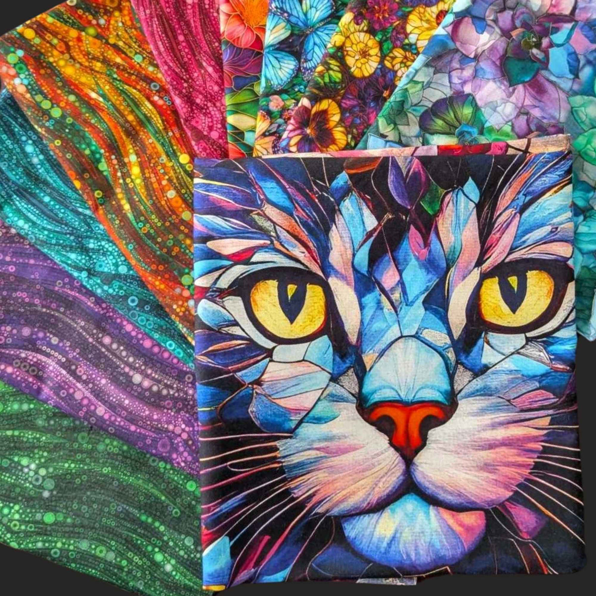 Gigi in the Garden fabric bundle with stained glass-style cat panel and 9 vibrant quilting cotton prints by Camelot Fabrics