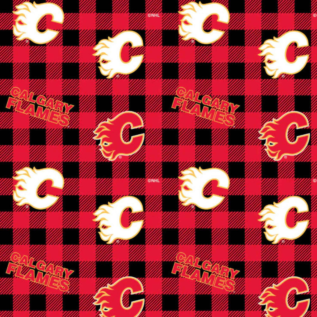 NHL Calgary Flames cotton flannel fabric with red plaid background and team logos