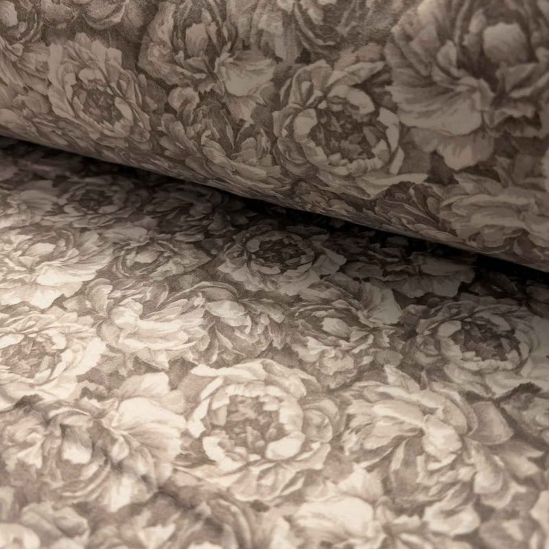 108 inch wide brushed cotton flannel wideback with vintage floral print in taupe and beige for seamless quilt backing