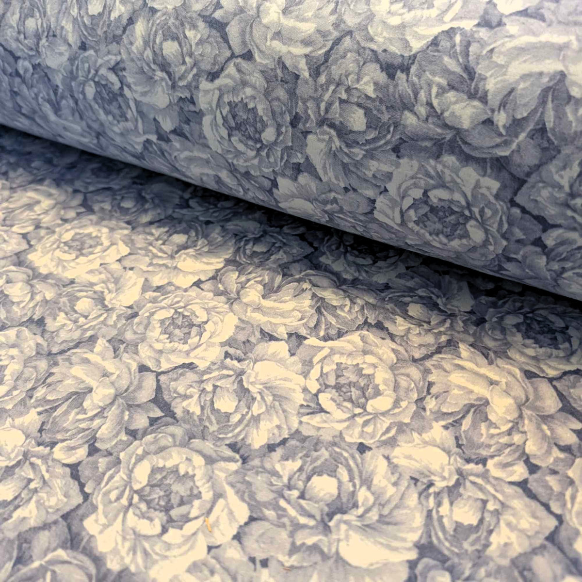 108 inch wide brushed cotton flannel wideback with blue floral print for seamless quilt backing