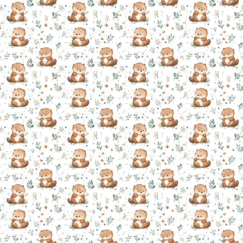 Woodland beaver waterproof PUL fabric with soft brown beavers and green leaves on a neutral background