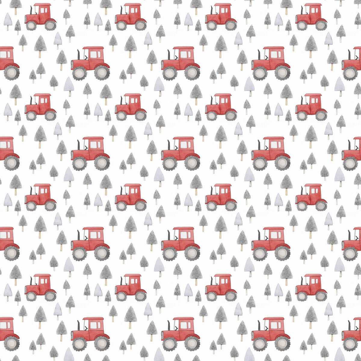 Red tractor and grey pine tree waterproof PUL fabric with farm theme print