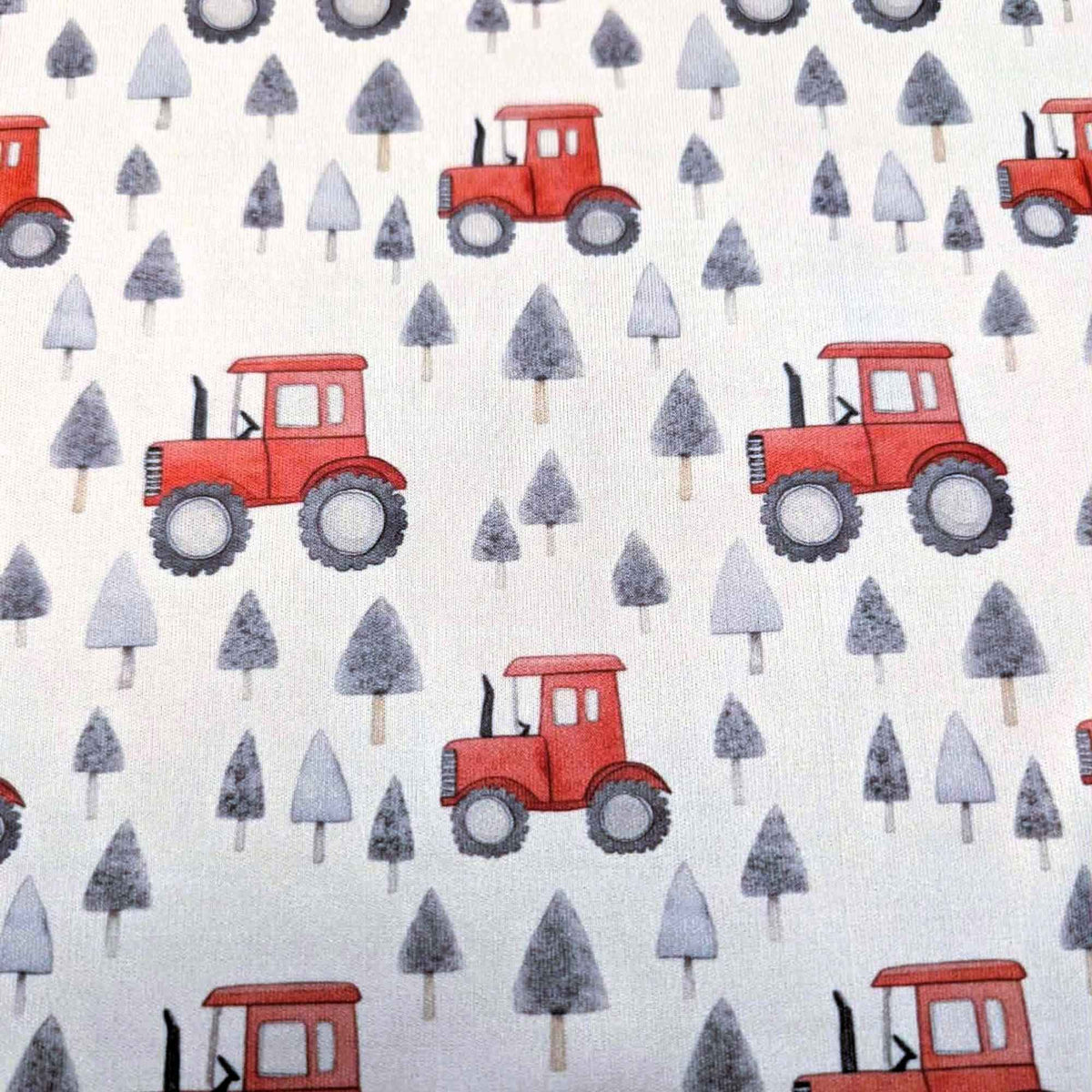 Red tractor and grey pine tree waterproof PUL fabric with farm theme print