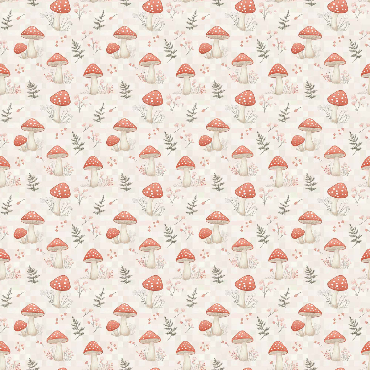 Red mushroom waterproof PUL fabric with woodland botanical print on neutral background