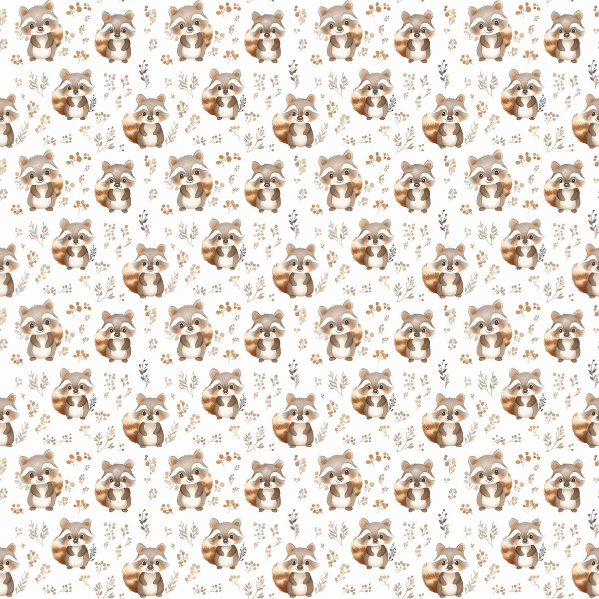 Woodland raccoon waterproof PUL fabric with neutral botanical print on light background