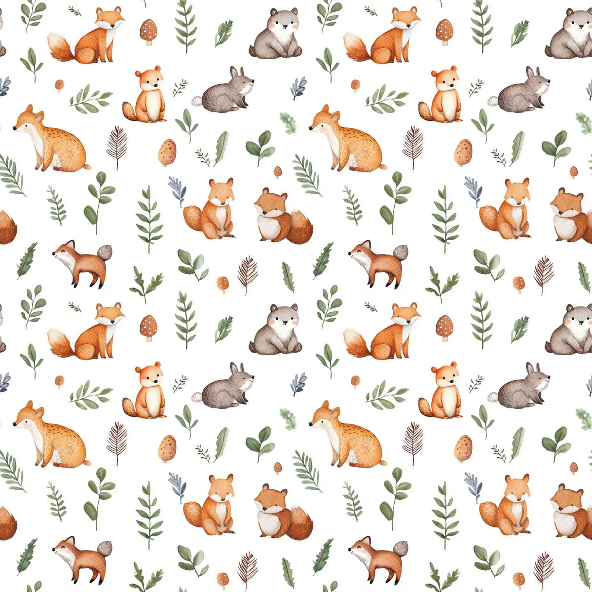 Woodland animals waterproof PUL fabric with fox, bear, rabbit and forest leaves