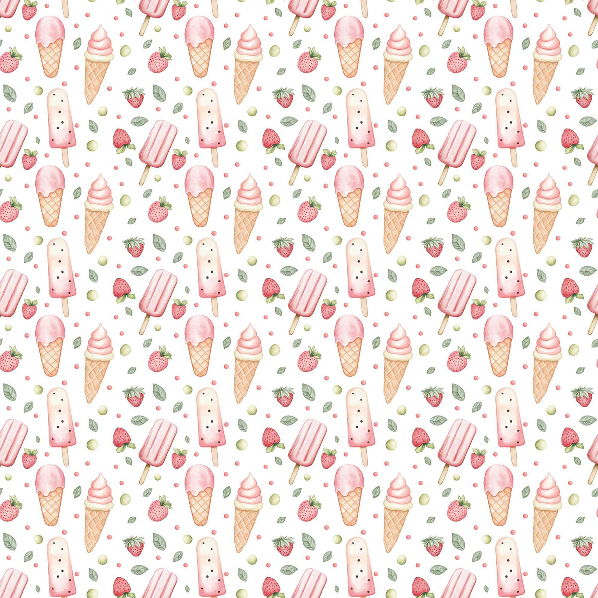 Strawberry ice cream waterproof PUL fabric with cones, popsicles and fruit print