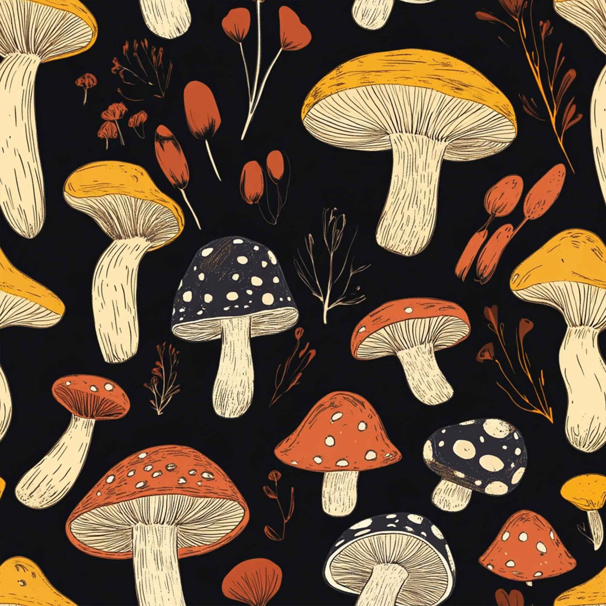 Red and golden mushroom print waterproof food safe PUL fabric on black background with botanical accents.