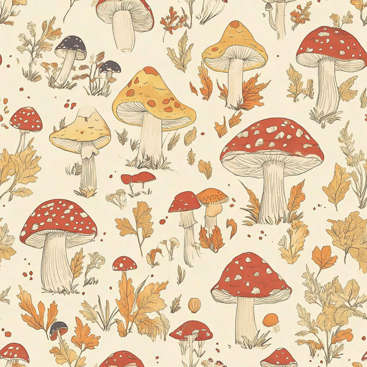 Autumn mushroom print food safe waterproof PUL fabric with red and golden mushrooms and fall leaves on cream background.