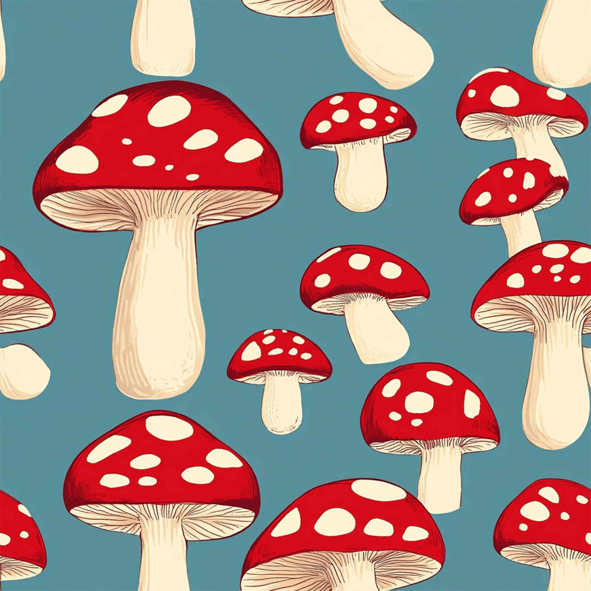 Red toadstool mushroom print food safe waterproof PUL fabric on blue background with white spotted mushrooms.