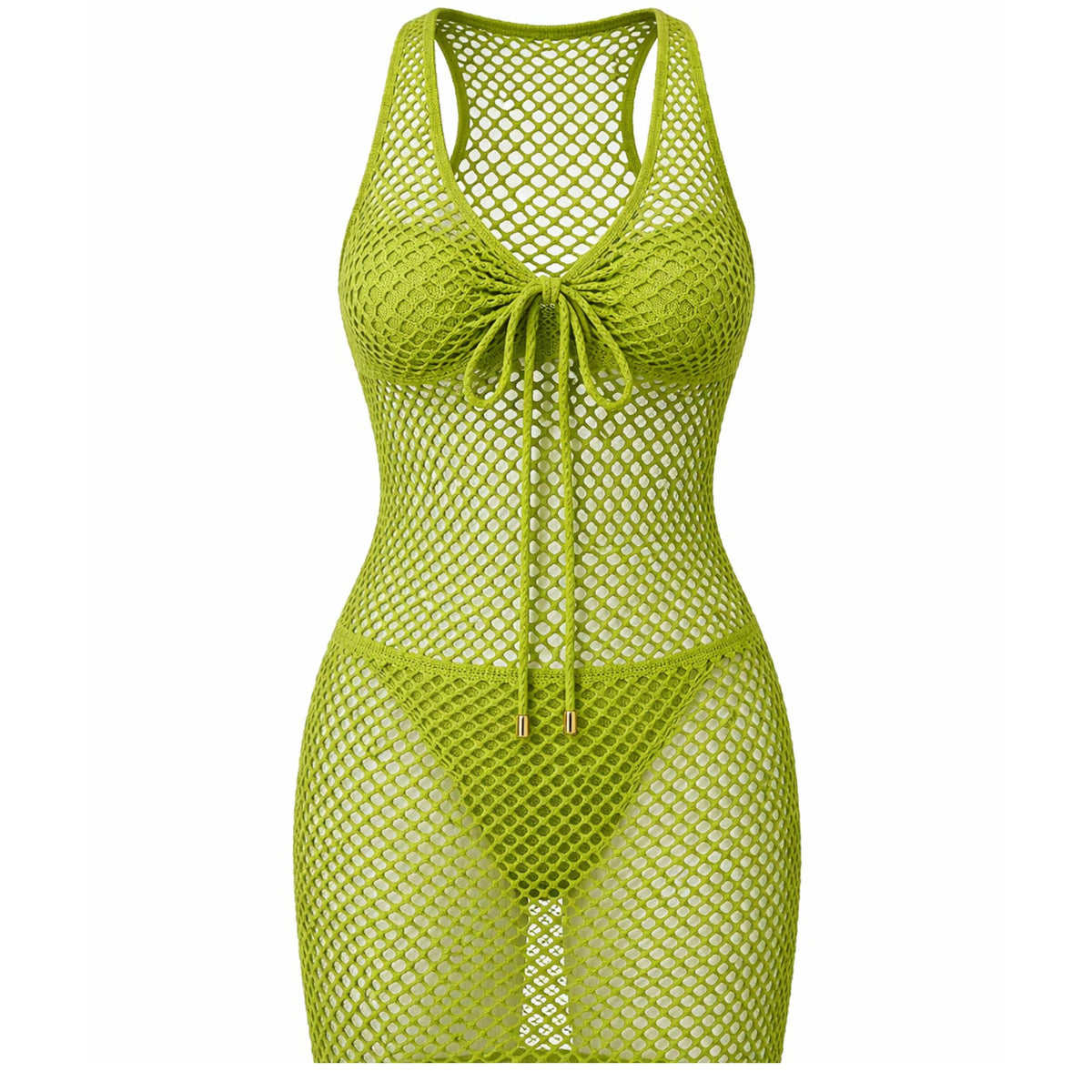 Swim Coverup made with green fish net mesh fabric made from 85% polyester and 15% cotton. 