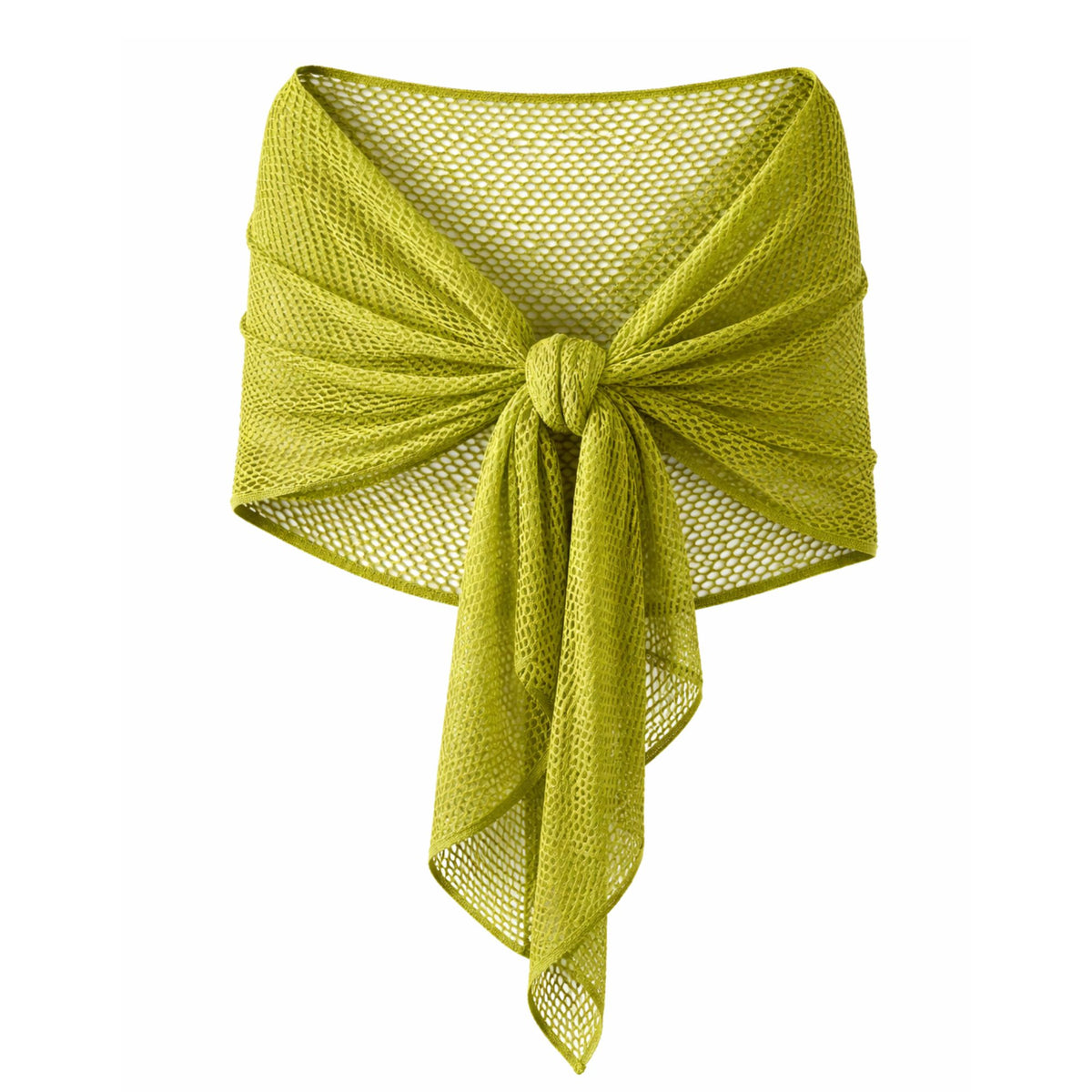 wrap shawl made with green fish net mesh fabric made from 85% polyester and 15% cotton. 