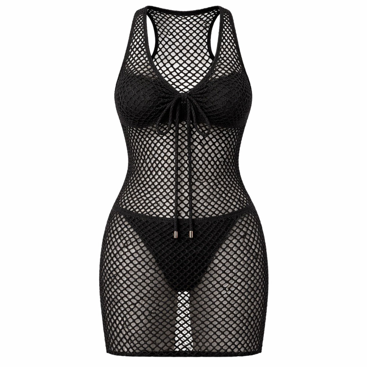 Swimwear coverup made with Black fish net mesh fabric showing open knit breathable texture draped in soft folds