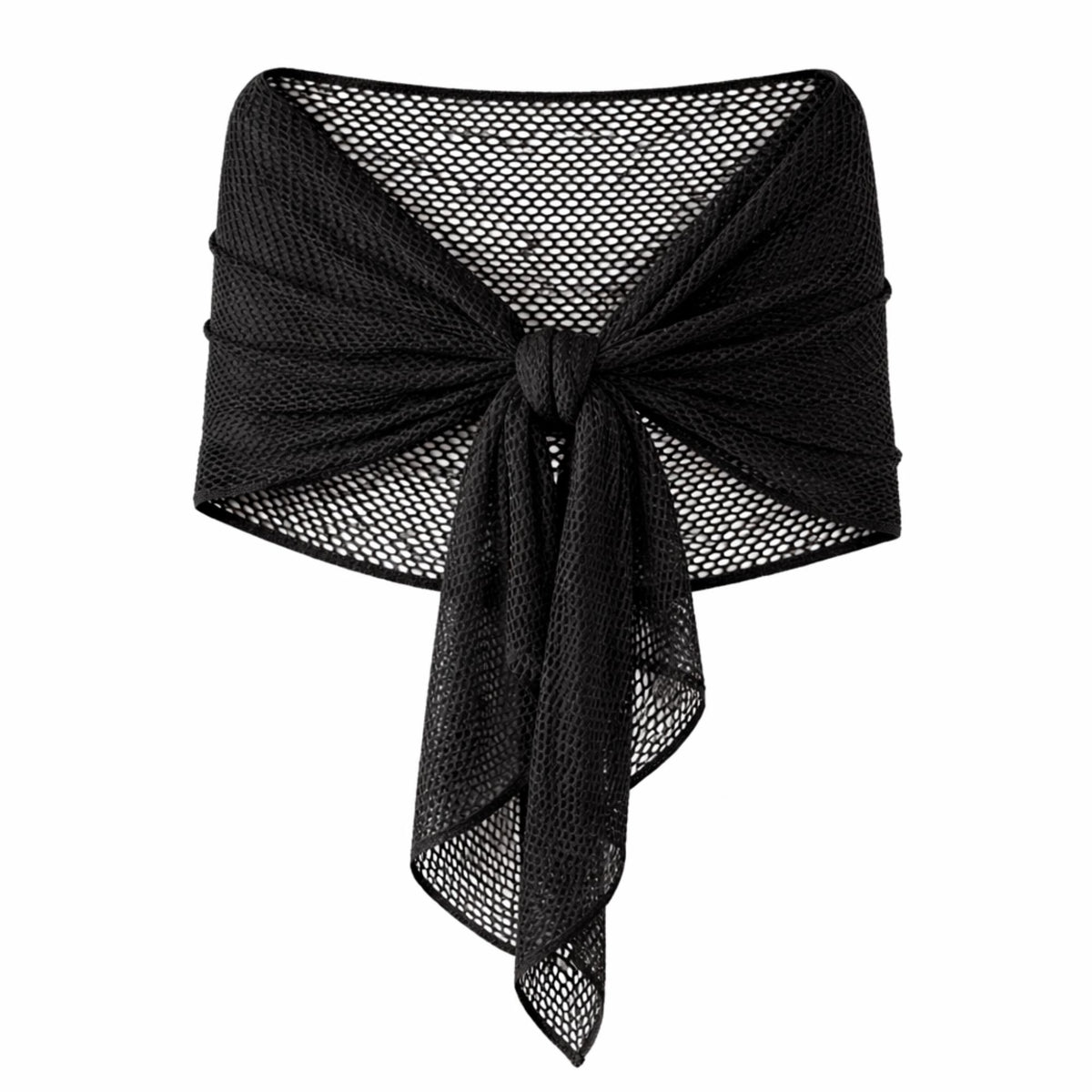 Shaw wrap made with Black fish net mesh fabric showing open knit breathable texture draped in soft folds