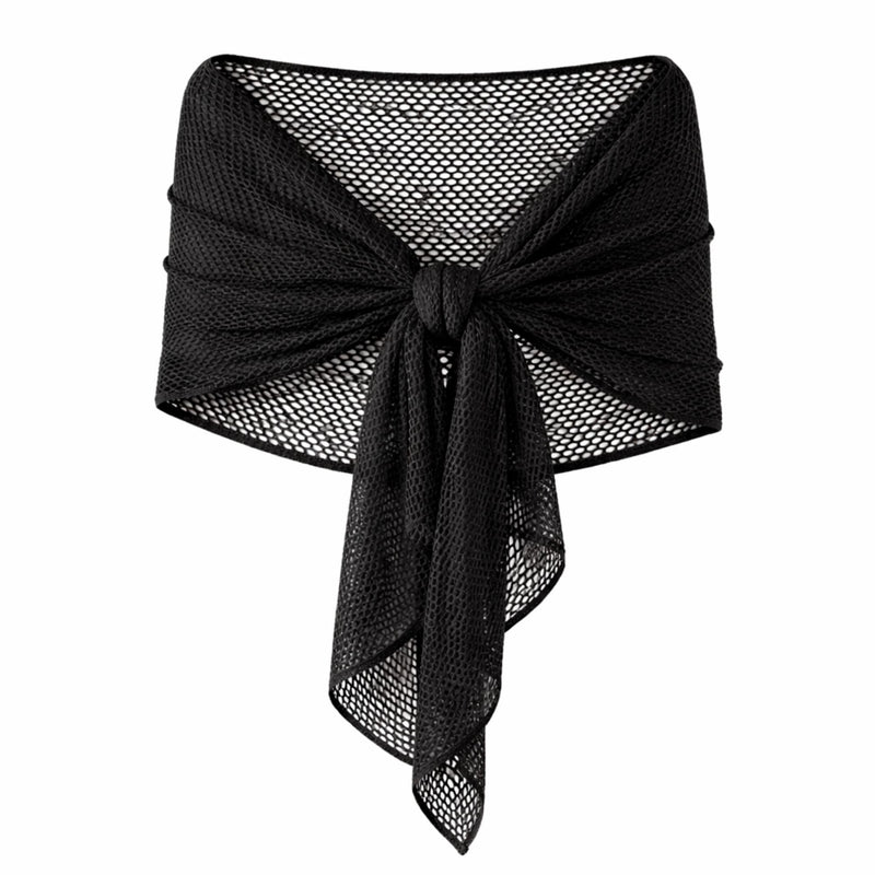 Shaw wrap made with Black fish net mesh fabric showing open knit breathable texture draped in soft folds