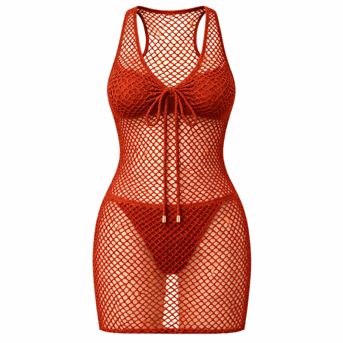 Paprika fish net mesh fabric showing breathable open knit texture in warm red orange tone