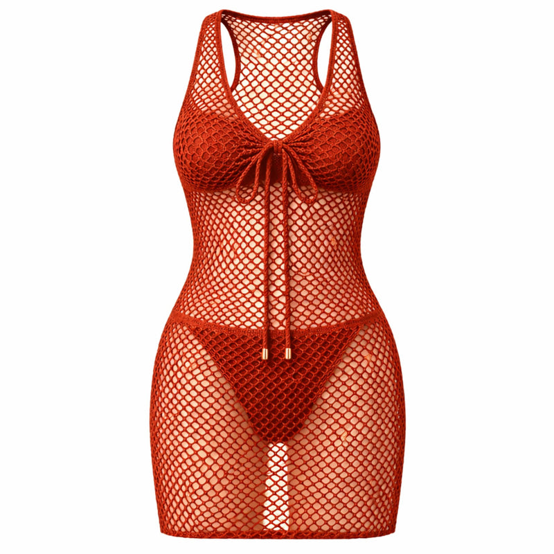 Paprika fish net mesh fabric showing breathable open knit texture in warm red orange tone
