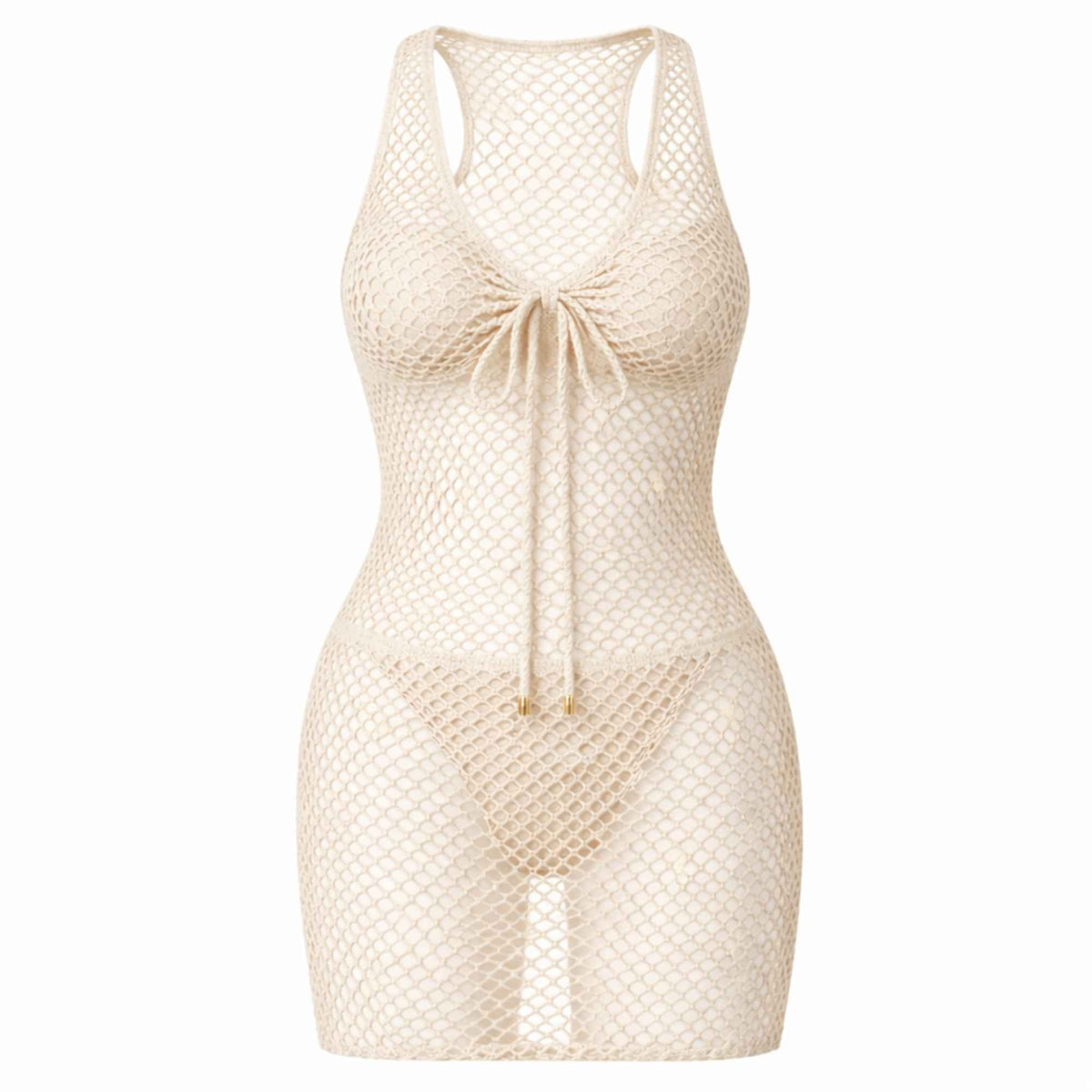 Ivory fish net mesh coverup dress showing breathable open knit pattern and fitted silhouette