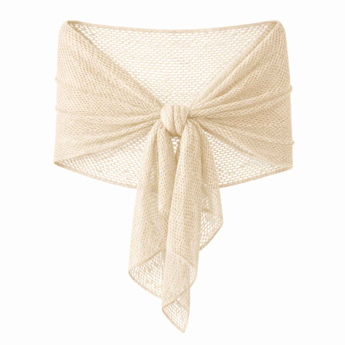 Ivory fish net mesh shawl wrap tied at the front showing lightweight open knit design
