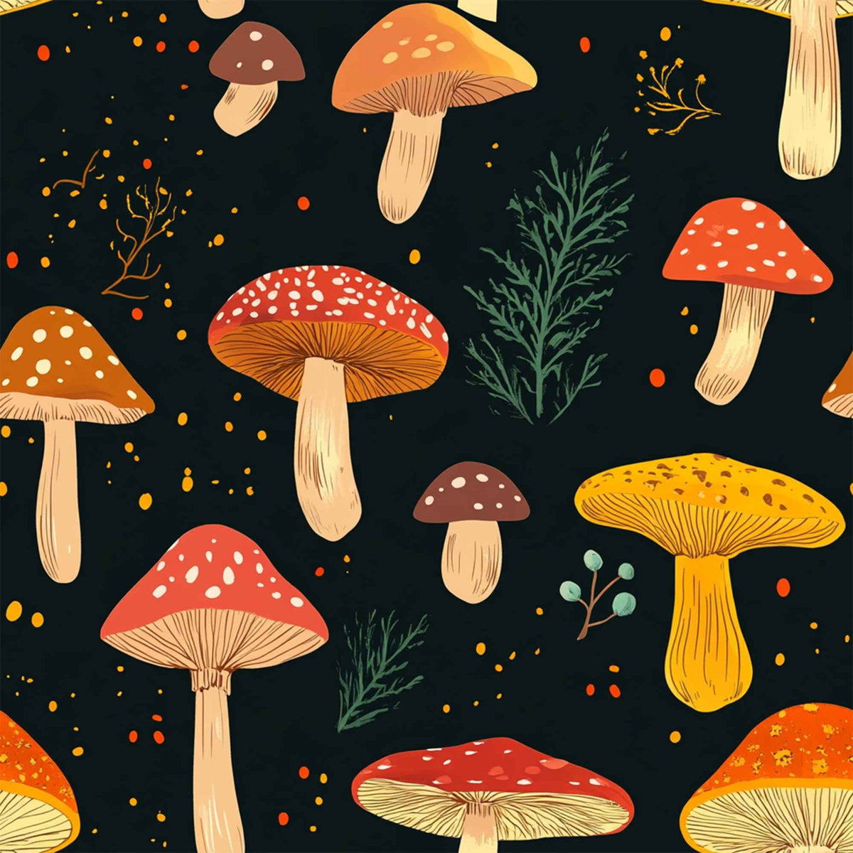 Dark woodland mushroom print food safe waterproof PUL fabric with red and golden mushrooms on deep green black background.
