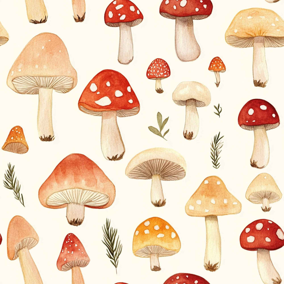 Neutral watercolor mushroom print food safe waterproof polyurethane laminate fabric with soft red, beige and golden mushrooms on cream background.