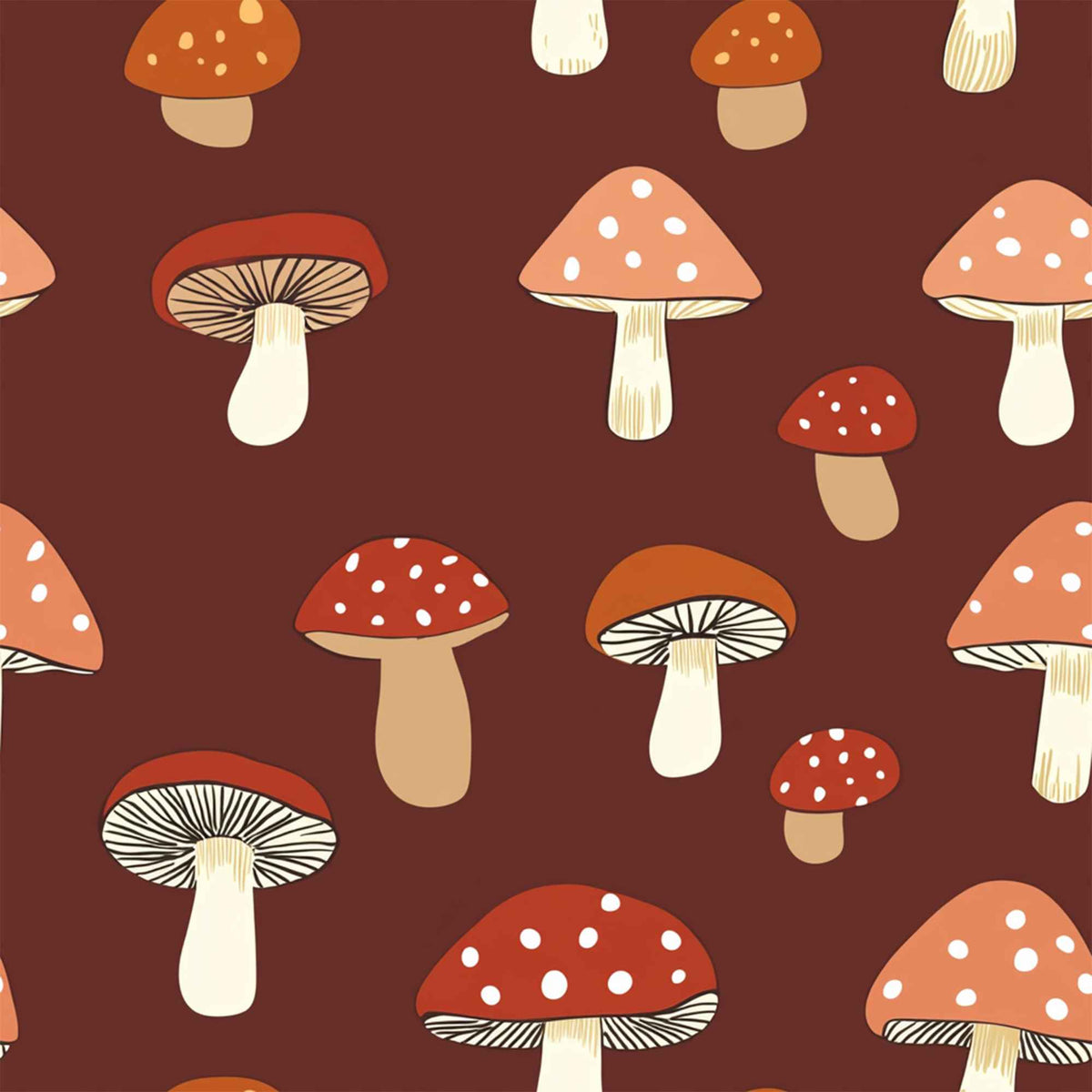 Rust mushroom print food safe waterproof polyurethane laminate fabric with red, peach and cream mushrooms on terracotta background.