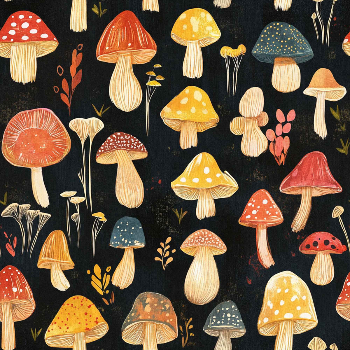 Golden woodland mushroom print food safe waterproof polyurethane laminate fabric with yellow, rust and cream mushrooms on black background.