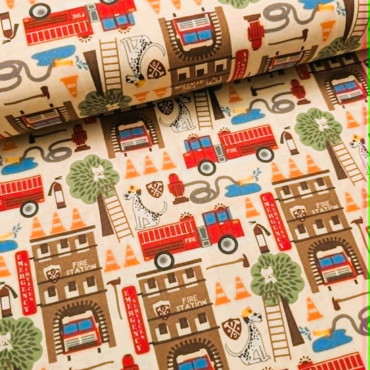 Fire truck and fire station novelty quilting cotton fabric with dalmatians, ladders, and rescue equipment