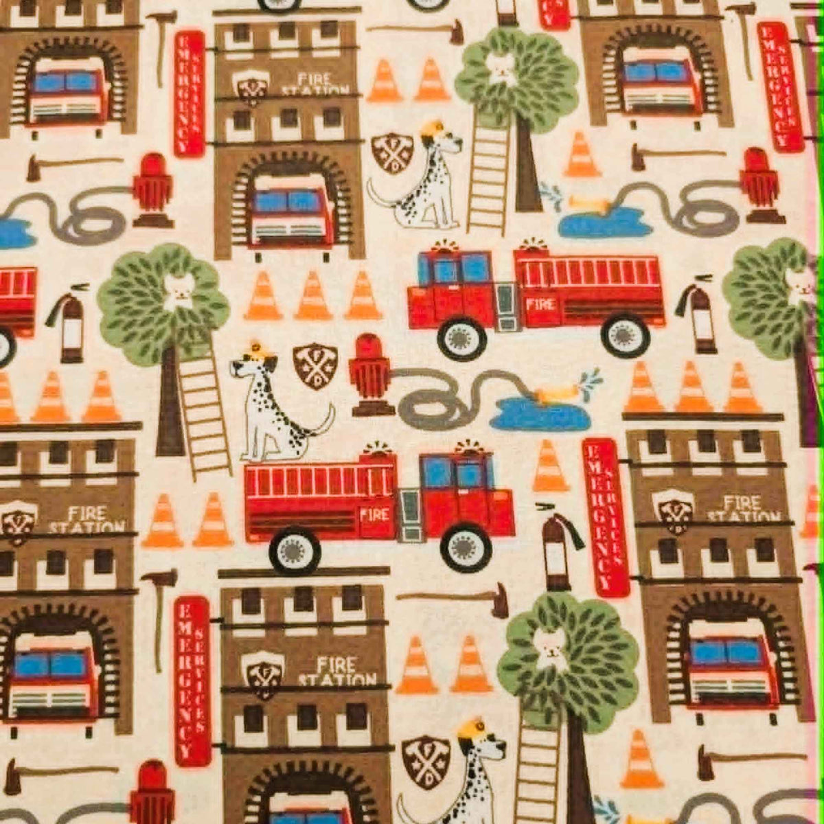 Fire truck and fire station novelty quilting cotton fabric with dalmatians, ladders, and rescue equipment
