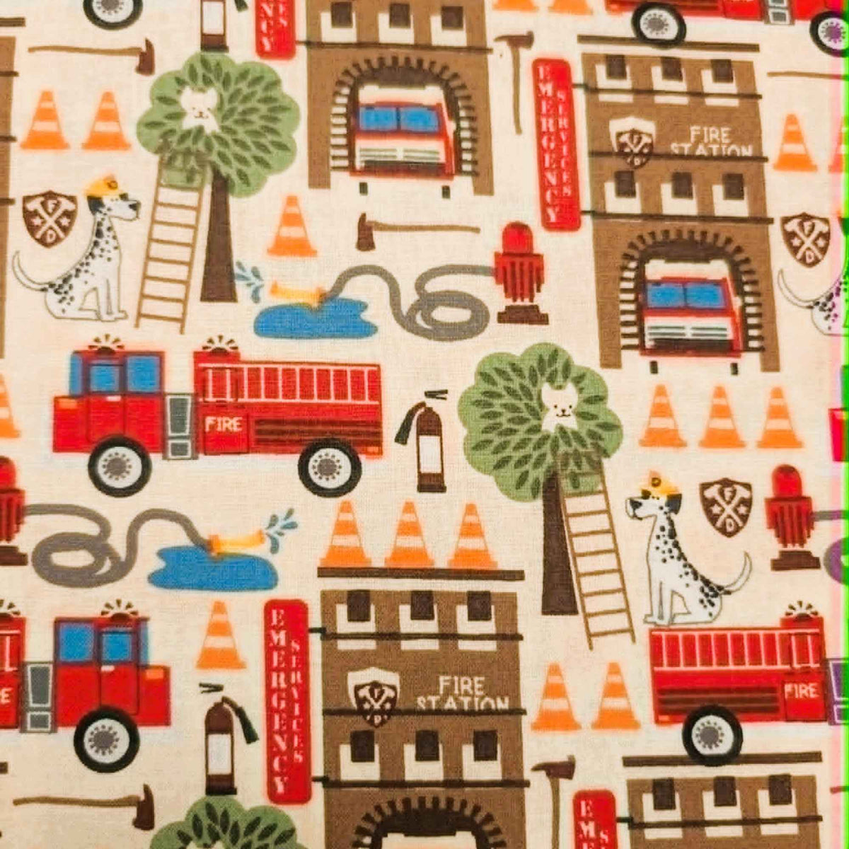 Fire truck and fire station novelty quilting cotton fabric with dalmatians, ladders, and rescue equipment