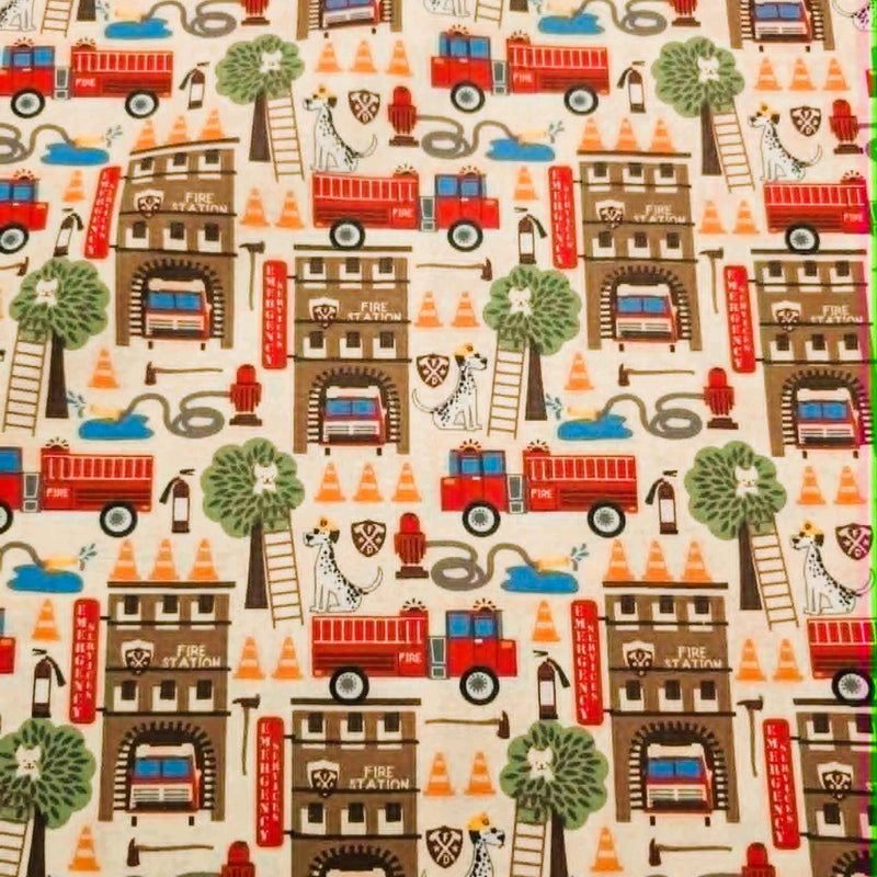Fire truck and fire station novelty quilting cotton fabric with dalmatians, ladders, and rescue equipment