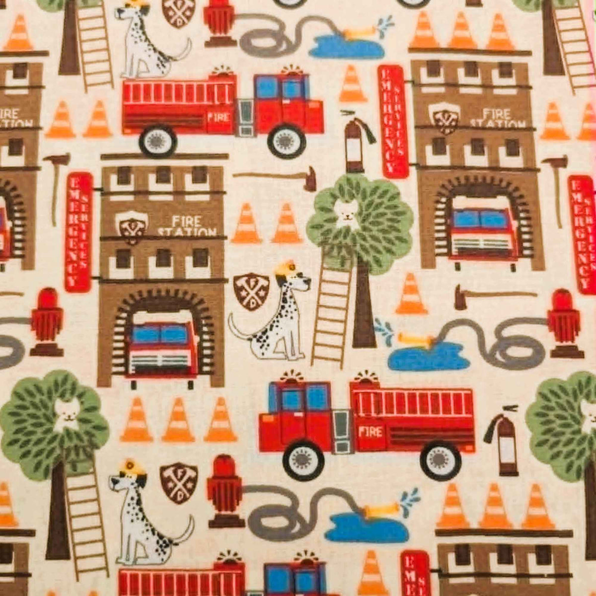 Fire truck and fire station novelty quilting cotton fabric with dalmatians, ladders, and rescue equipment