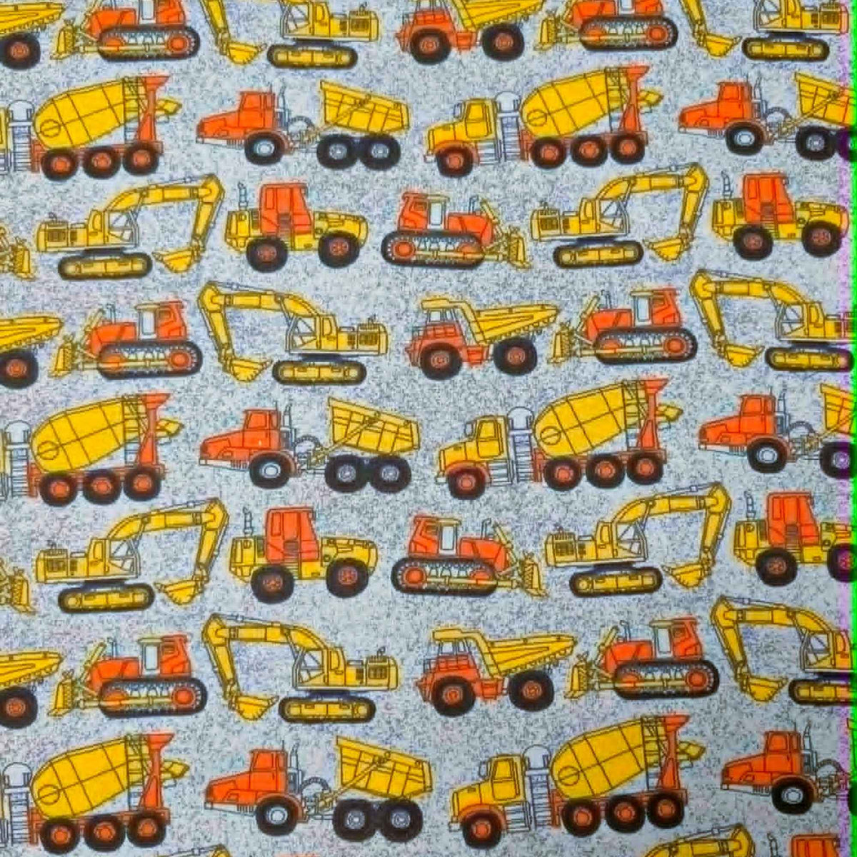 Construction vehicles quilting cotton fabric with dump trucks, excavators, bulldozers, and cement mixers in yellow and orange