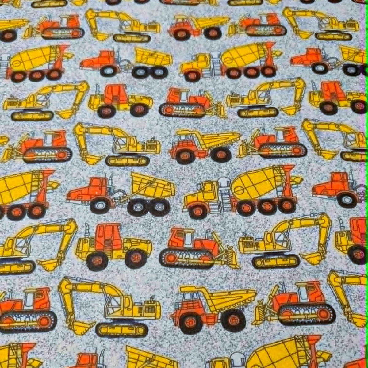 Construction vehicles quilting cotton fabric with dump trucks, excavators, bulldozers, and cement mixers in yellow and orange