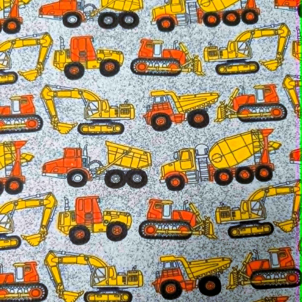 Construction vehicles quilting cotton fabric with dump trucks, excavators, bulldozers, and cement mixers in yellow and orange